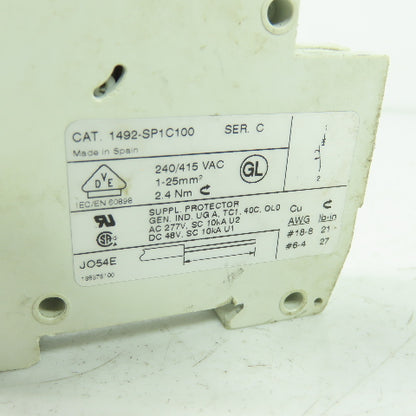 Allen Bradley 1492-SP1C100 Ser C Din Rail Circuit Breaker 240/415VAC 2.4Nm Lot/2