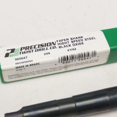 Precision Twist Drill 47/64" HSS Drill Bit Morse Taper 2 MT2 Shank 9-3/4" OAL