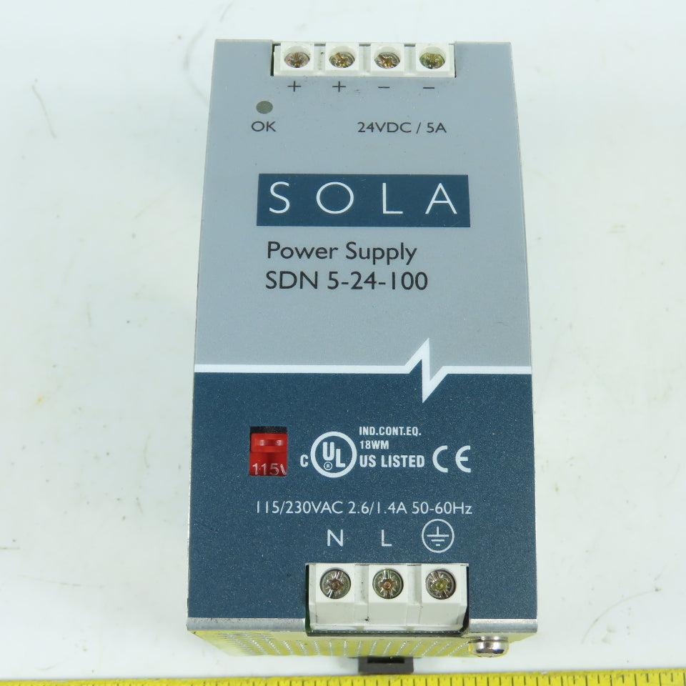Sola SDN 5-24-100 24V DC 5A Rail Mount Power Supply 115/230VAC Input 1PH