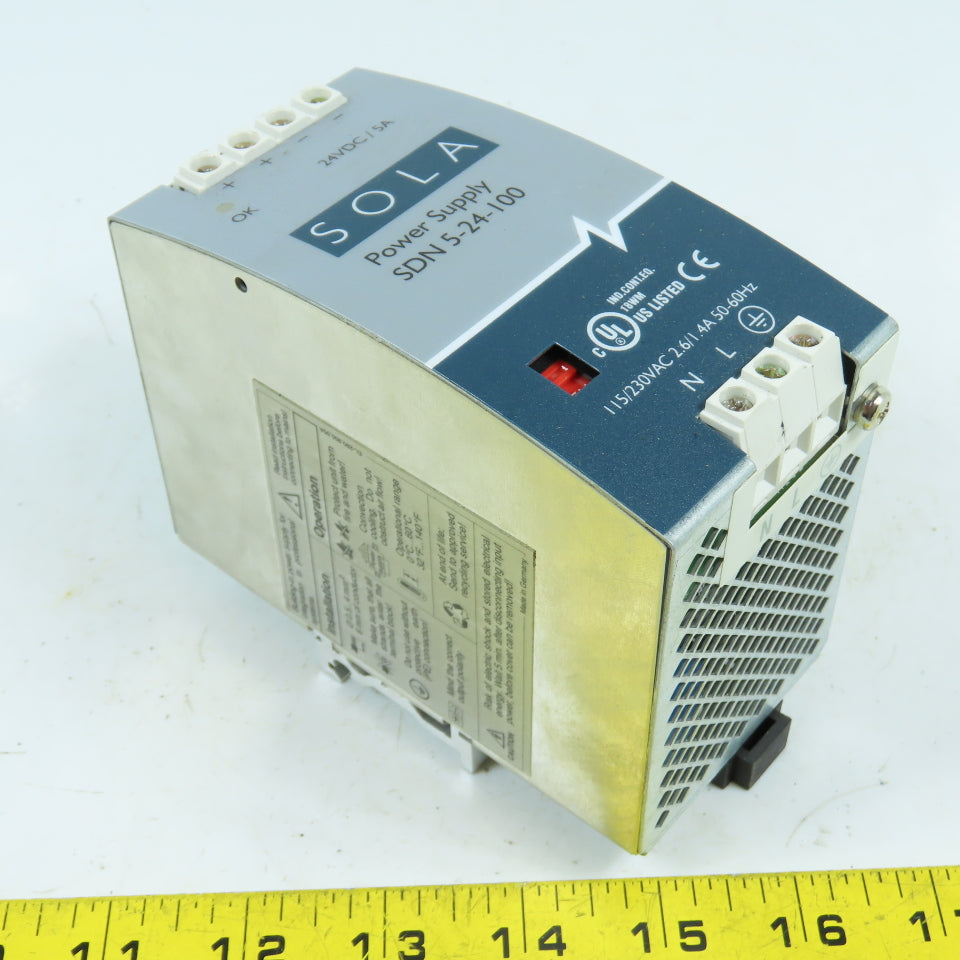 Sola SDN 5-24-100 24V DC 5A Rail Mount Power Supply 115/230VAC Input 1PH