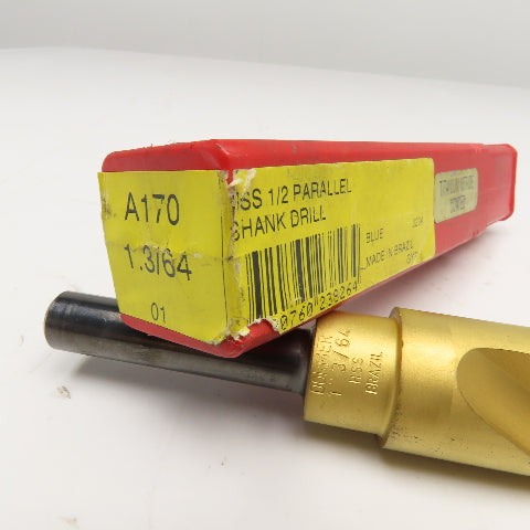 Dormer A170 1-3/64" HSS Drill Bit 1/2" Shank TiN Coated 6-1/4" OAL