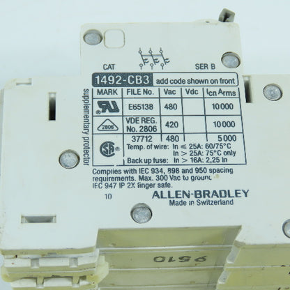 Allen Bradley 1492-CB3 Ser B 3-Pole 0.5A Circuit Breaker W/ 1492-ACB Shunt Trip