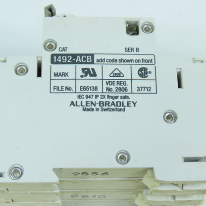 Allen Bradley 1492-CB3 Ser B 3-Pole 0.5A Circuit Breaker W/ 1492-ACB Shunt Trip