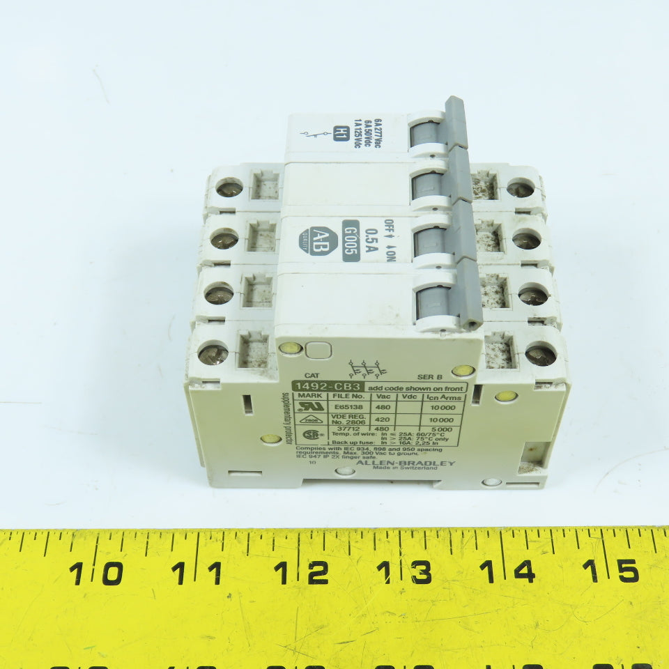 Allen Bradley 1492-CB3 Ser B 3-Pole 0.5A Circuit Breaker W/ 1492-ACB Shunt Trip