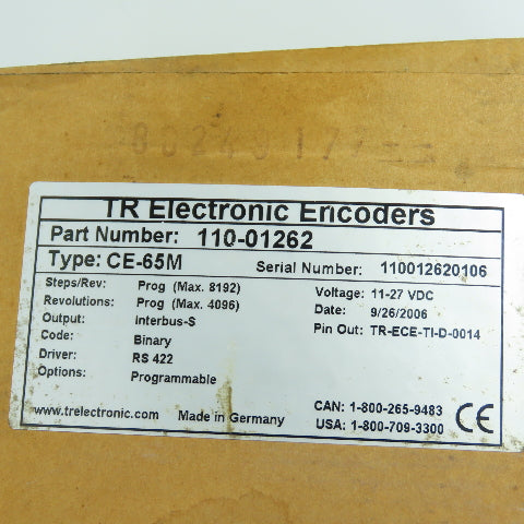 TR Electronics 110-01262 CE-65M Absolute Rotary Encoder 11-27VDC 9mm Shaft NEW
