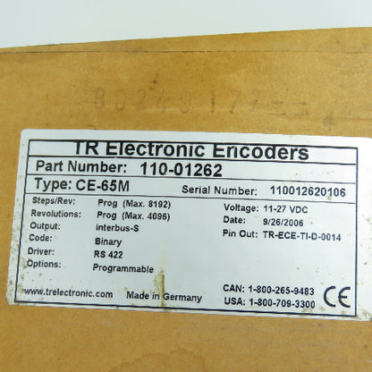TR Electronics 110-01262 CE-65M Absolute Rotary Encoder 11-27VDC 9mm Shaft NEW