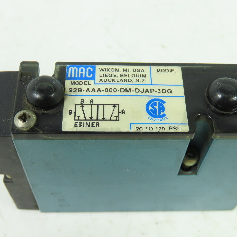 Mac 92B-AAA-000-DM-DJAP-3DG Solenoid Valve 20-120PSI 110/120V Coil