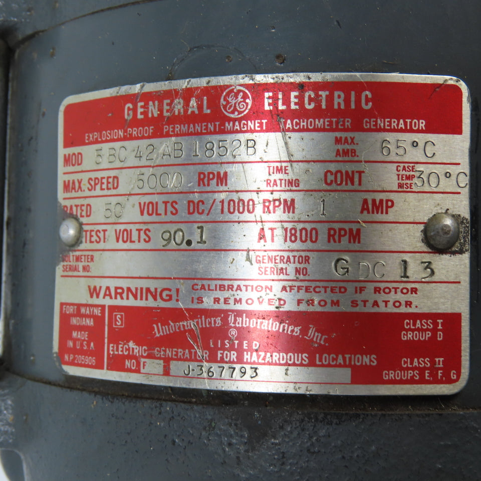 General Electric 5BC42AB1852B Tachometer Generator 50VDC 5000RPM Cont.