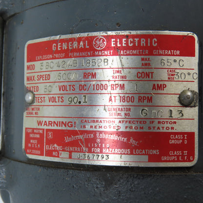 General Electric 5BC42AB1852B Tachometer Generator 50VDC 5000RPM Cont.