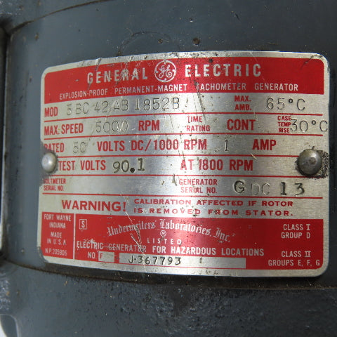 General Electric 5BC42AB1852B Tachometer Generator 50VDC 5000RPM Cont.