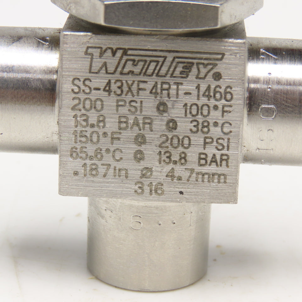 Whitey SS-43XF 4RT-1466 Stainless Steel 3 Way Valve 200PSI G1/4