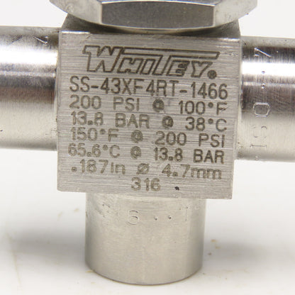 Whitey SS-43XF 4RT-1466 Stainless Steel 3 Way Valve 200PSI G1/4