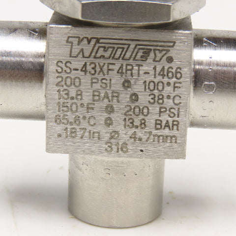 Whitey SS-43XF 4RT-1466 Stainless Steel 3 Way Valve 200PSI G1/4