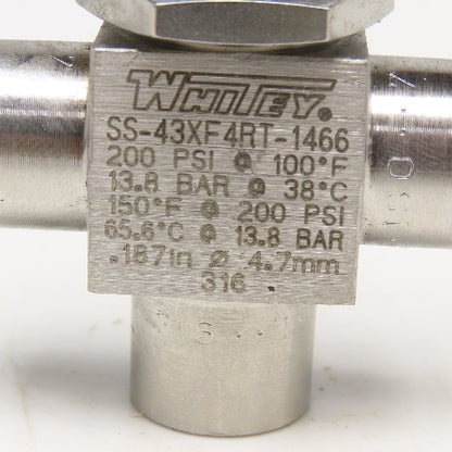 Whitey SS-43XF 4RT-1466 Stainless Steel 3 Way Valve 200PSI G1/4