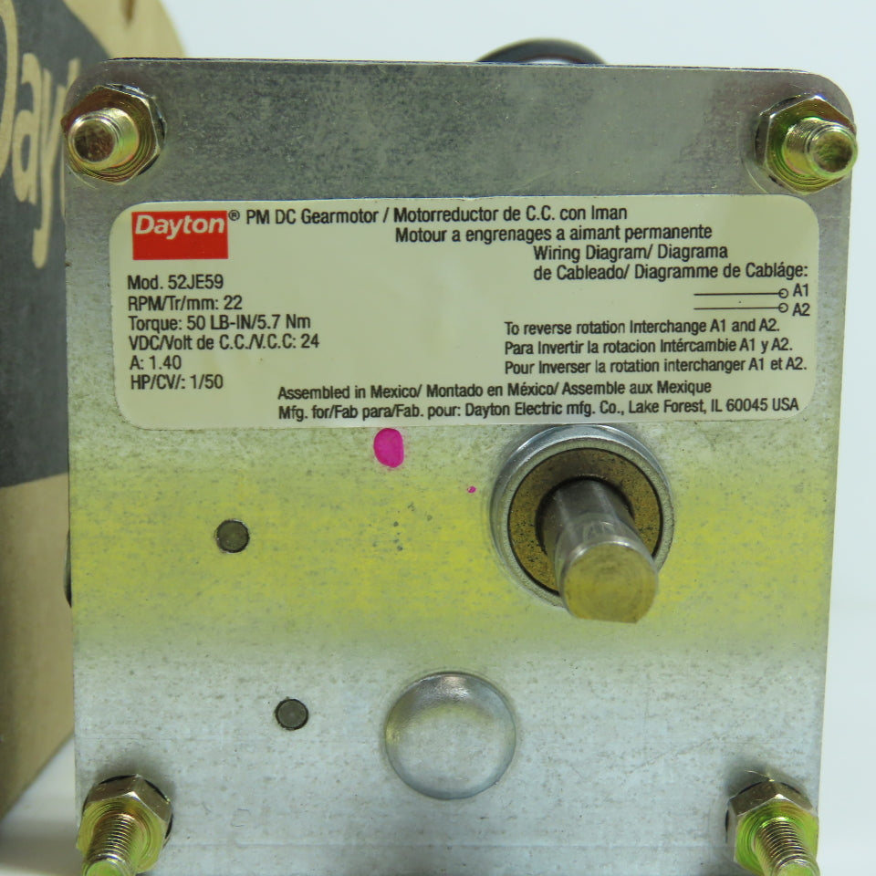 Dayton 52JE59 1/50HP PM DC Gearmotor 24VDC 22RPM 5/16" Shaft