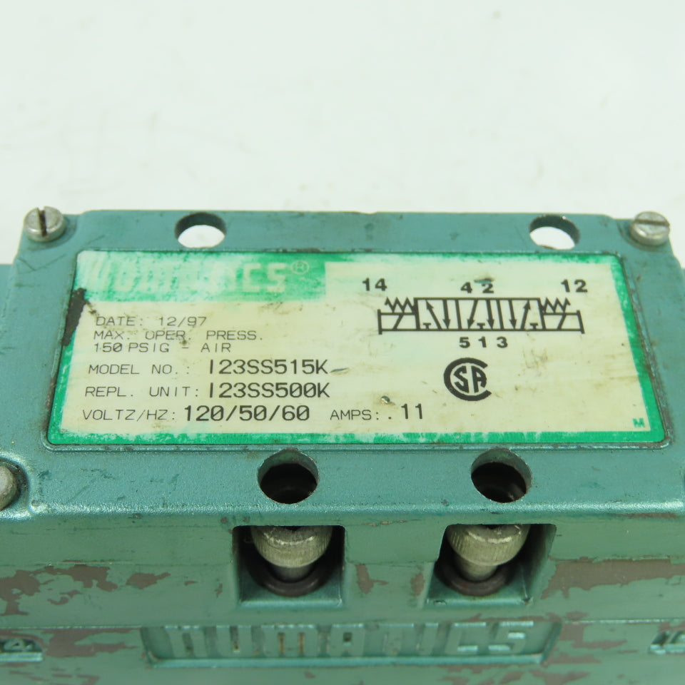 Numatics I23SS515K Pneumatic Solenoid Valve 150PSI 120V Coil I23SS500K Rep.