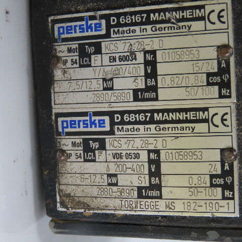 Perske KCS 72.28-2 D 12.5KW Spindle Motor 200-400V 3Ph 2880-5890RPM PARTS/REPAIR