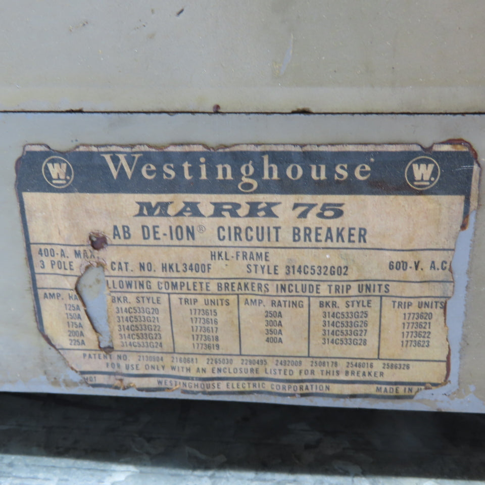 Westinghouse HKL3400F Mark 75 AB DE-ION Circuit Breaker 600VAC 400Amp Max 3-Pole