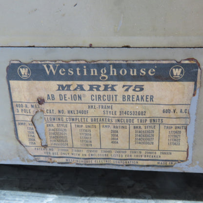Westinghouse HKL3400F Mark 75 AB DE-ION Circuit Breaker 600VAC 400Amp Max 3-Pole