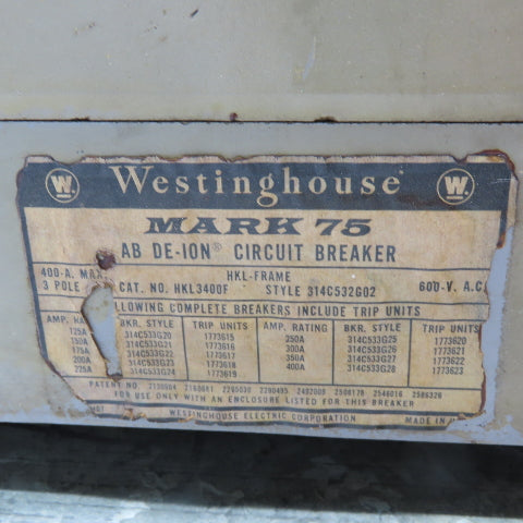 Westinghouse HKL3400F Mark 75 AB DE-ION Circuit Breaker 600VAC 400Amp Max 3-Pole