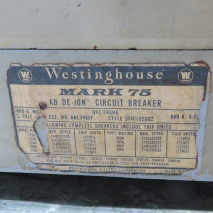 Westinghouse HKL3400F Mark 75 AB DE-ION Circuit Breaker 600VAC 400Amp Max 3-Pole