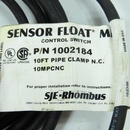 SJE Rhombus 1002184 10MPCNC Sensor Float Mini Control Switch 120/230VAC 1PH
