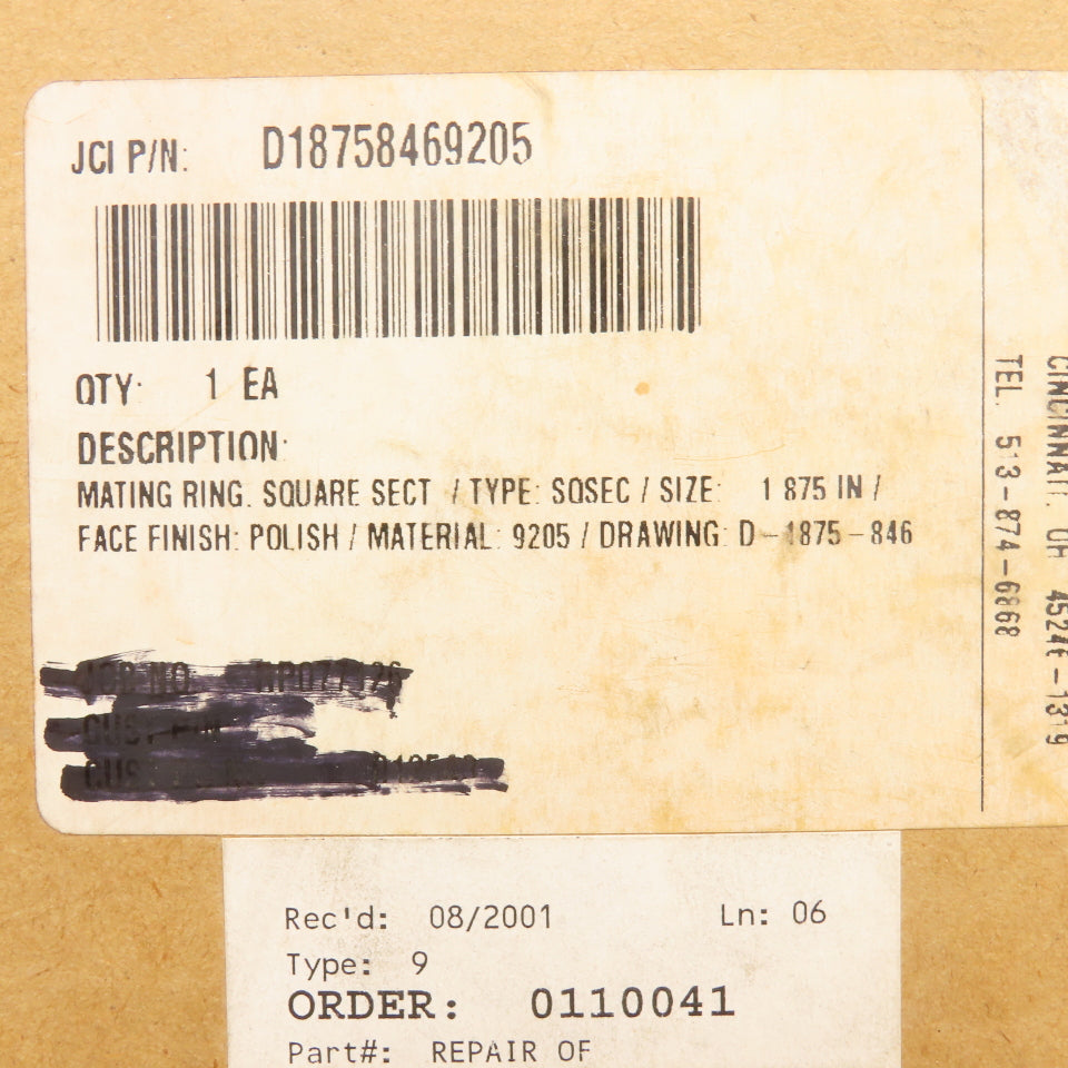 John Crane Inc. D18758469205 1.875" Polished Face Mating Ring Seal