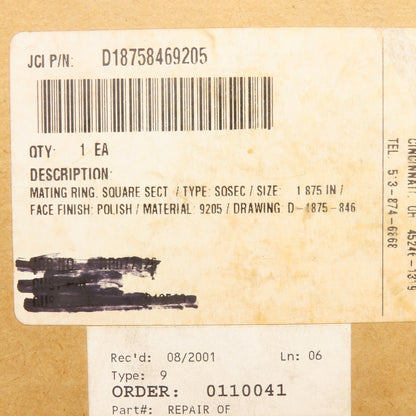 John Crane Inc. D18758469205 1.875" Polished Face Mating Ring Seal