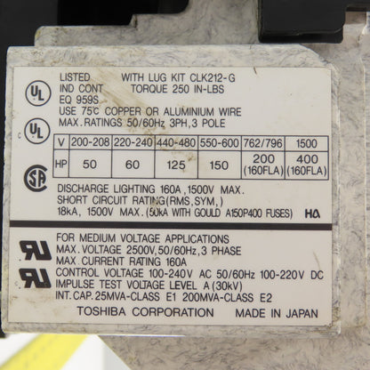 Toshiba CV-1GAU Vacuum Contactor 3PH 3-Pole 200-1500V Max 100-240VAC Control