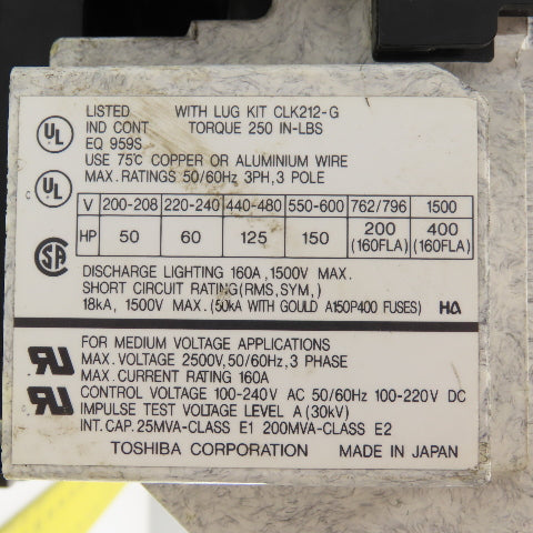 Toshiba CV-1GAU Vacuum Contactor 3PH 3-Pole 200-1500V Max 100-240VAC Control