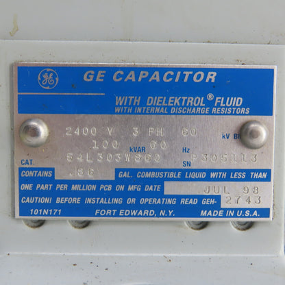 GE 54L303WS60 100kVAR Capacitor 2400V 3PH 60HZ 75A W/ Dielektrol VII