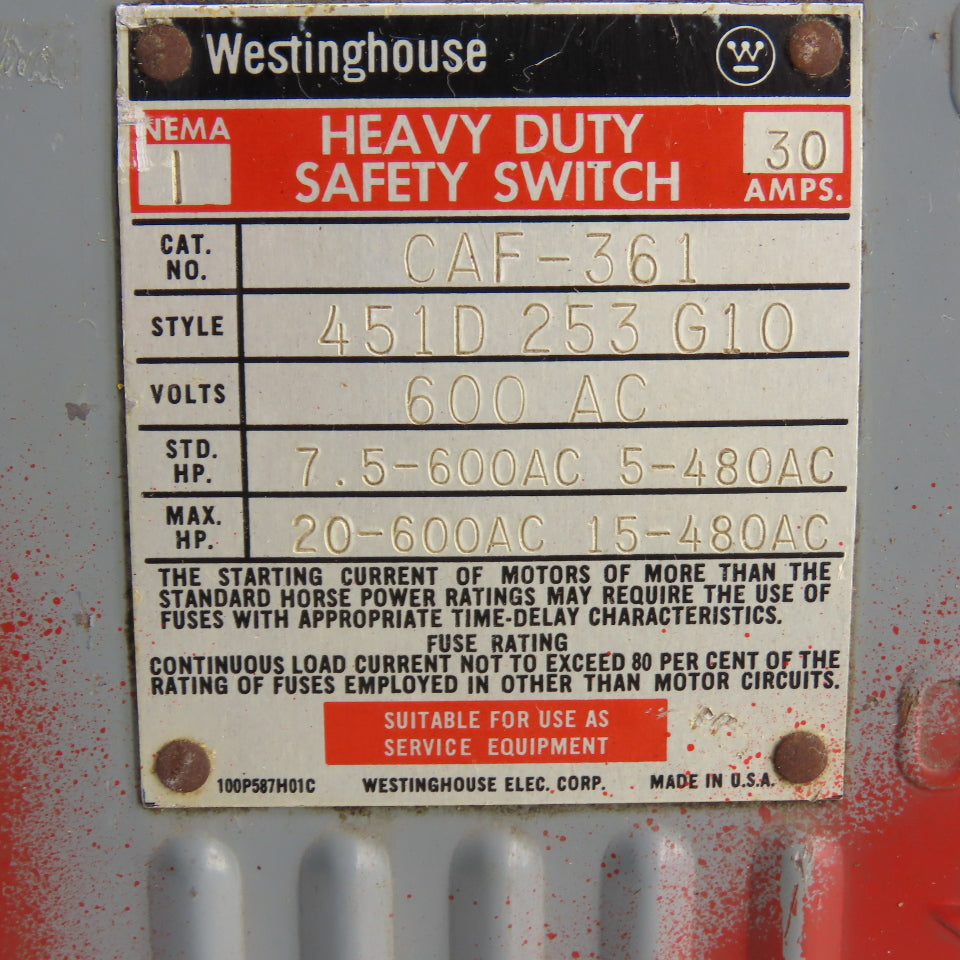 Westinghouse CAF-361 30A Fusible Heavy Duty Safety Disconnect Switch 600VAC 3P