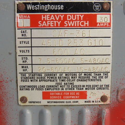 Westinghouse CAF-361 30A Fusible Heavy Duty Safety Disconnect Switch 600VAC 3P