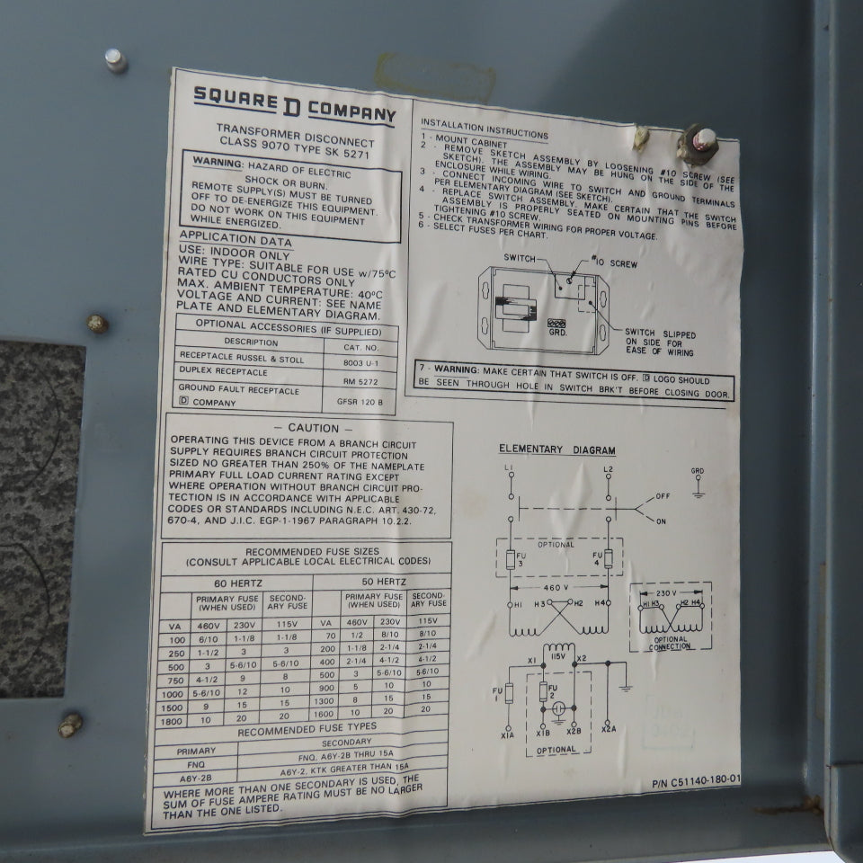 Square D SK5271S Class 9070 Transformer Disconnect 500VA Pri 230/460V Sec 115V