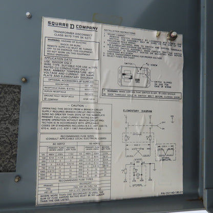 Square D SK5271S Class 9070 Transformer Disconnect 500VA Pri 230/460V Sec 115V