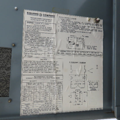 Square D SK5271S Class 9070 Transformer Disconnect 500VA Pri 230/460V Sec 115V