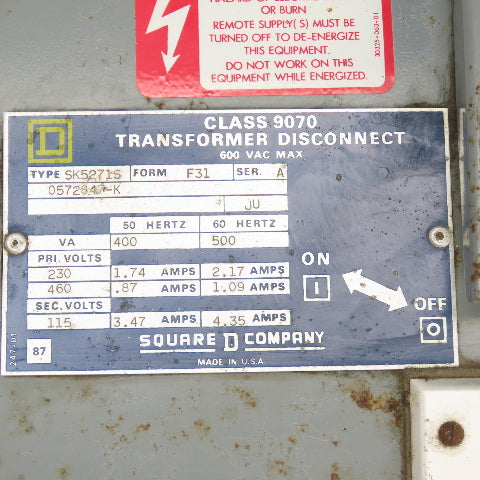 Square D SK5271S Class 9070 Transformer Disconnect 500VA Pri 230/460V Sec 115V