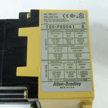 Allen Bradley 700-P800A1 Ser B Bulletin 700 AC Relay 10A 600V 120V Coil Lot Of 2