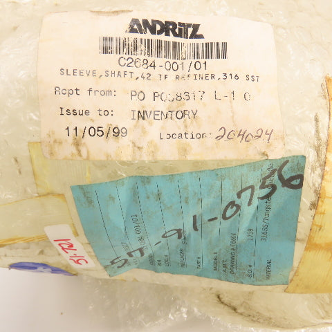 Andritz C2684-001/01 316 SS TC Shaft Sleeve 42 IF Refiner 13" Long x 8" OD