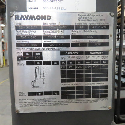 2012 Raymond 550-OPC30TT 24V 3000 Lb. Electric Order Picker Forklift 210" Lift