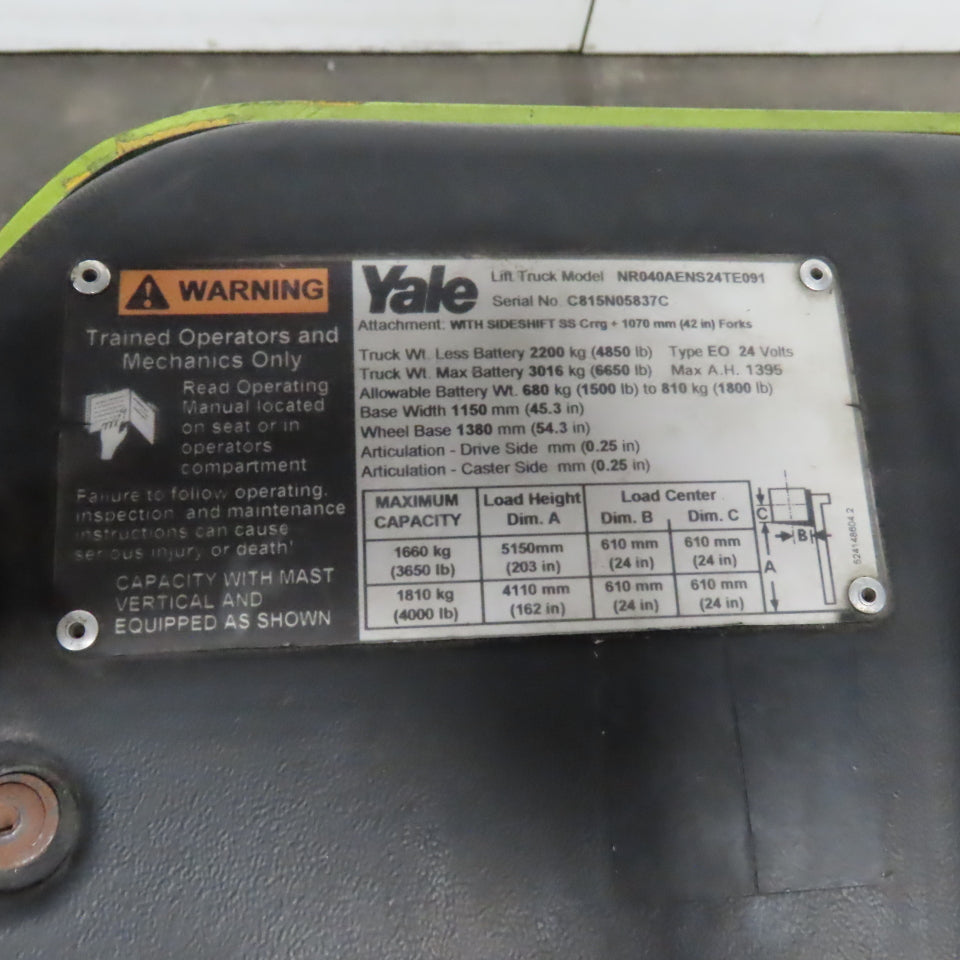 05 Yale NR040 203" Lift 3600 LB Narrow Aisle Long Reach Forklift 24V No Battery