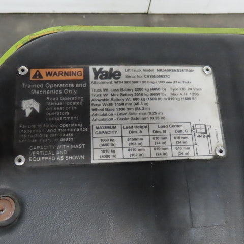 05 Yale NR040 203" Lift 3600 LB Narrow Aisle Long Reach Forklift 24V No Battery