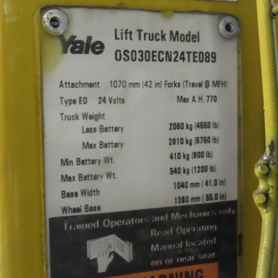 2003 Yale OS030ECN24TE089 195" 3000 LB Narrow Aisle Order Picker 24V No Battery