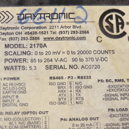 Daytronics 2170A 85-264VAC 90-370VDC Programmable Panel Meter