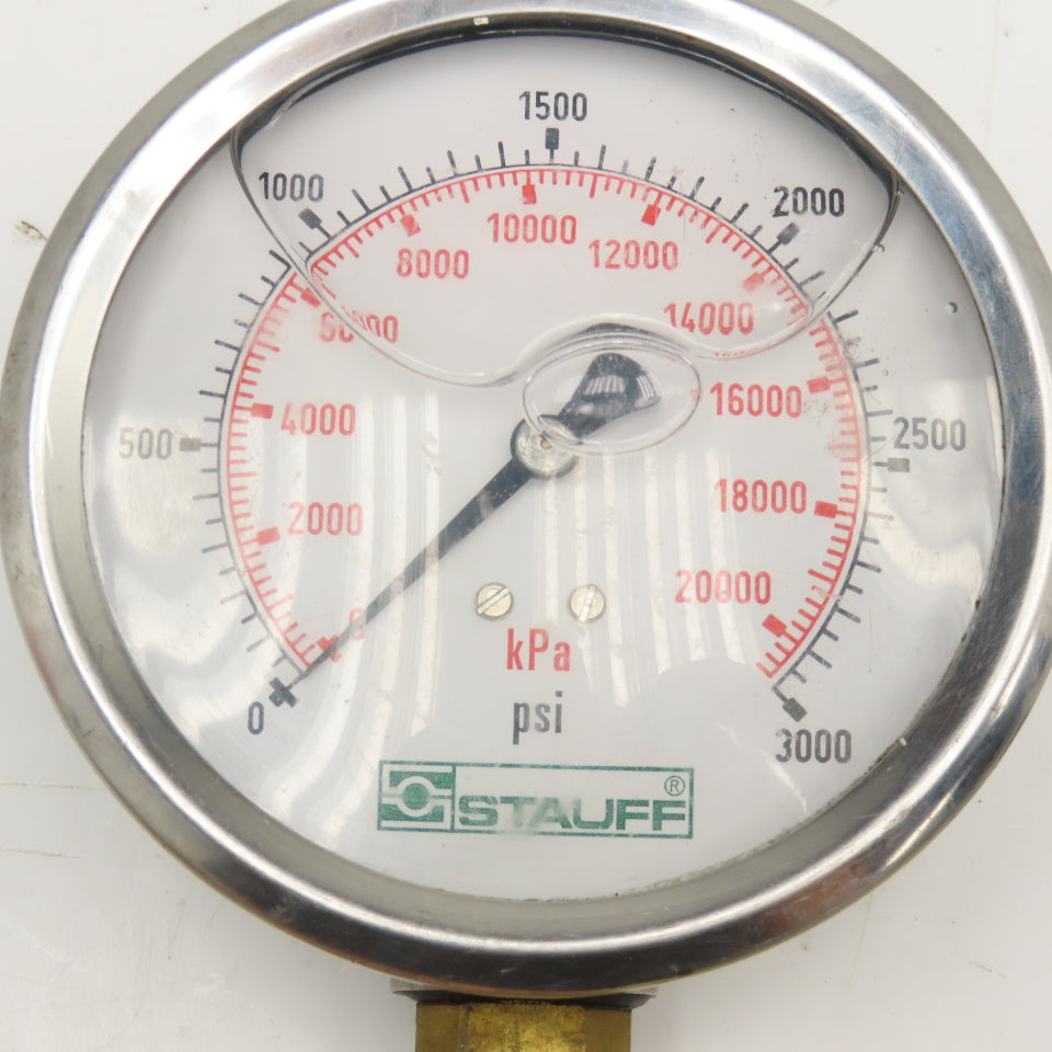 Stauff 0-3000PSI Oil Filled Pressure Gauge 4" Stainless 1/2" NPT Bottom Ported