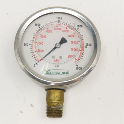 Stauff 0-3000PSI Oil Filled Pressure Gauge 4" Stainless 1/2" NPT Bottom Ported