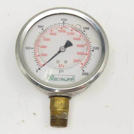 Stauff 0-3000PSI Oil Filled Pressure Gauge 4" Stainless 1/2" NPT Bottom Ported