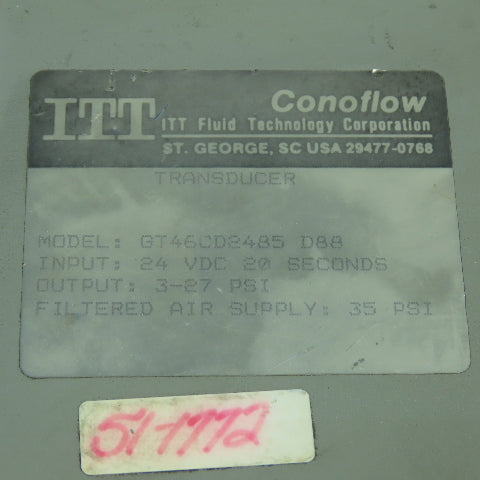 ITT Fluid Tech GT46CD2485 Conflow Transducer 24VDC 20 Sec Output: 3-27PSI