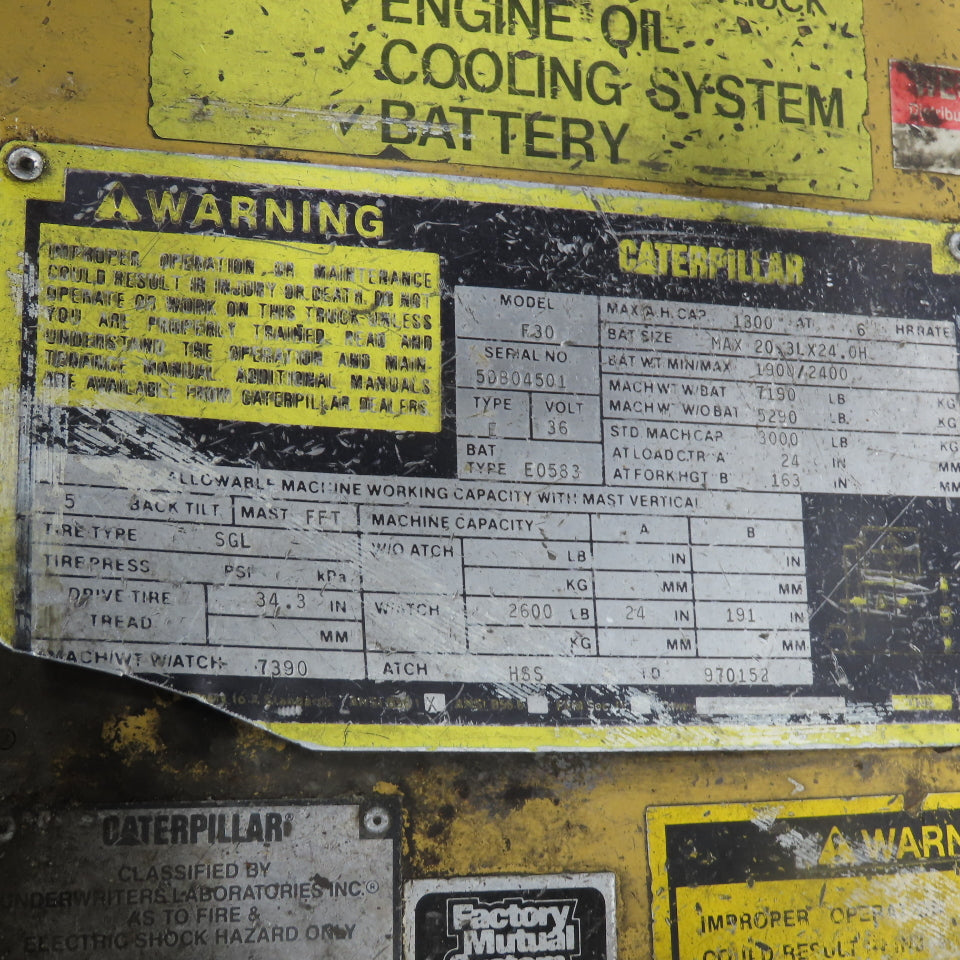 Caterpillar F30 2600LB Electric 36V Forklift 3-Stage 191" Lift Side Shift