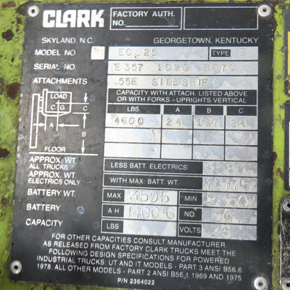 Clark ECS25 4600LB Electric 36V Forklift 3-Stage 187" Lift Side Shift 8,340HRS